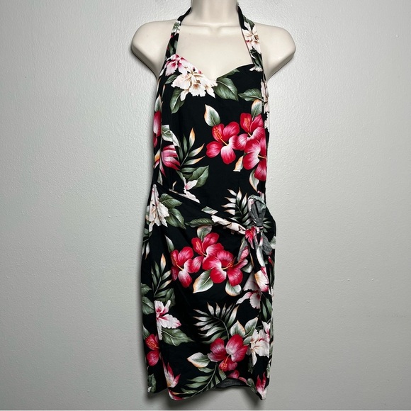 VTG 90s Women Dress XS Lily Cat Halter Neck Vacation Resort Front Wrap Black Red - Picture 1 of 8